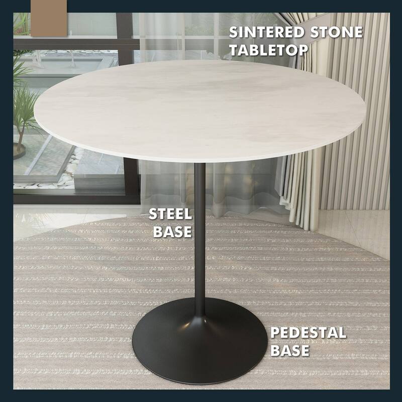 LeisureMod Verve 48" Round Dining Table with Sintered Stone TableTop and Black Steel Base for Kitchen & Dining Room