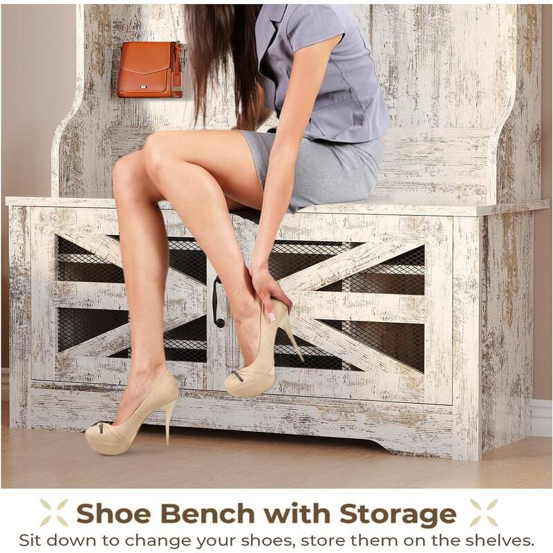 Hall Tree w/ Bench Shoe Storage Shoe Cubby Barn Door Adjustable Shelf