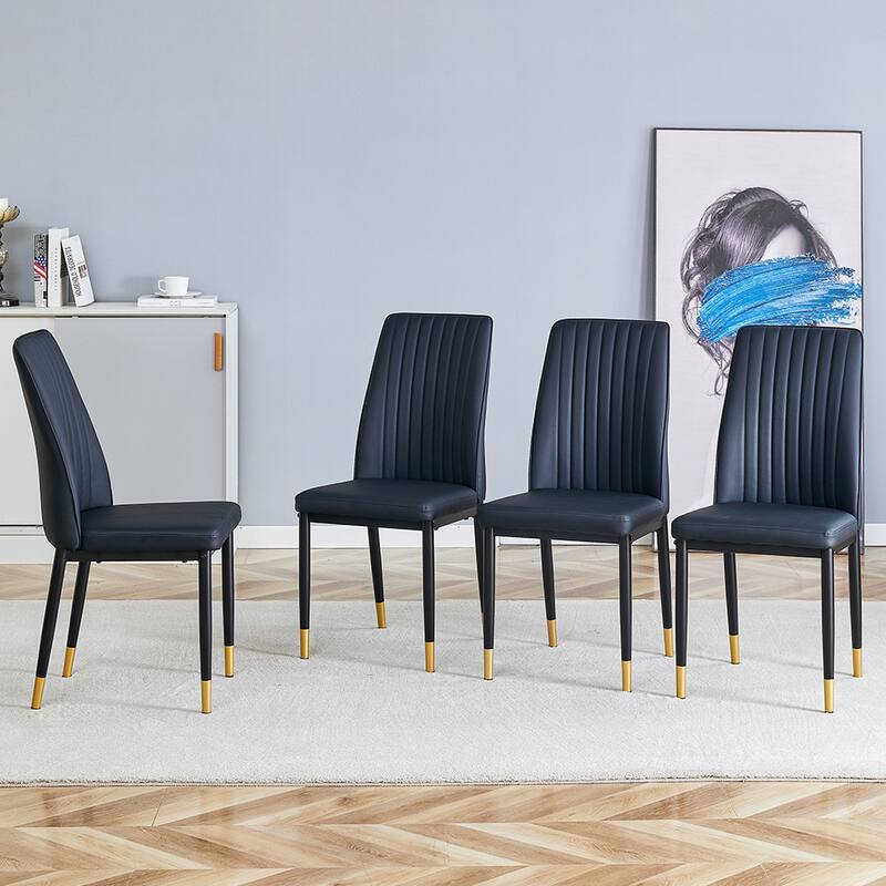 A Set Of 4 Dining Chairs, Black Dining Chair Set, Pu Material High Backrest Seats And Sturdy Leg Chairs - Black