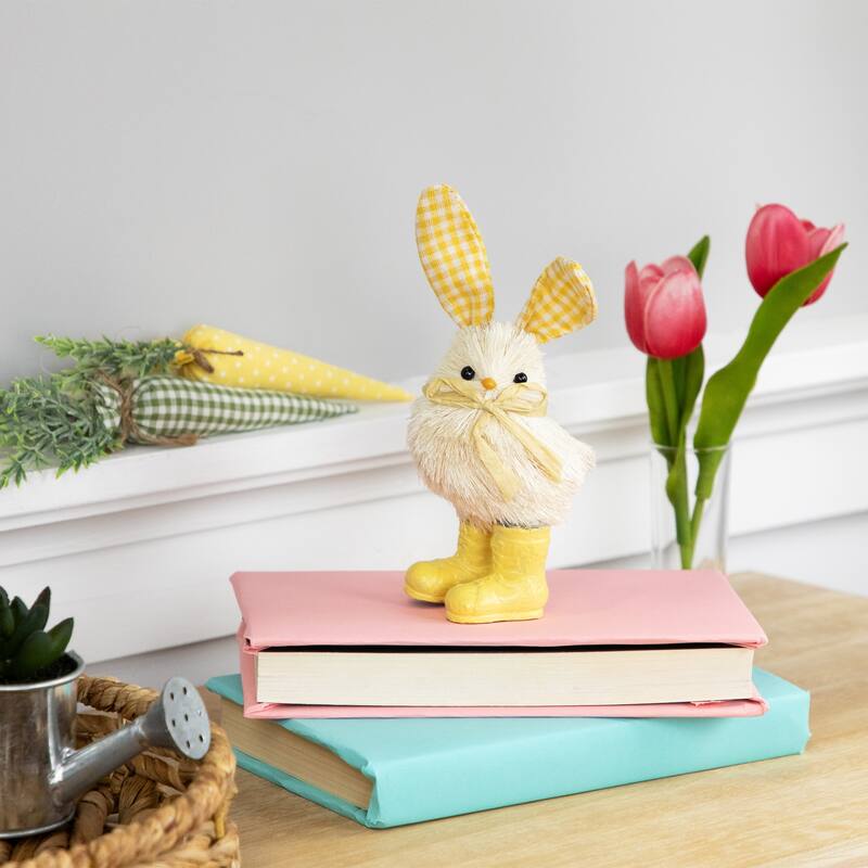 Chick with Plaid Rabbit Ears and Rainboots Easter Figurine - 7" - Yellow