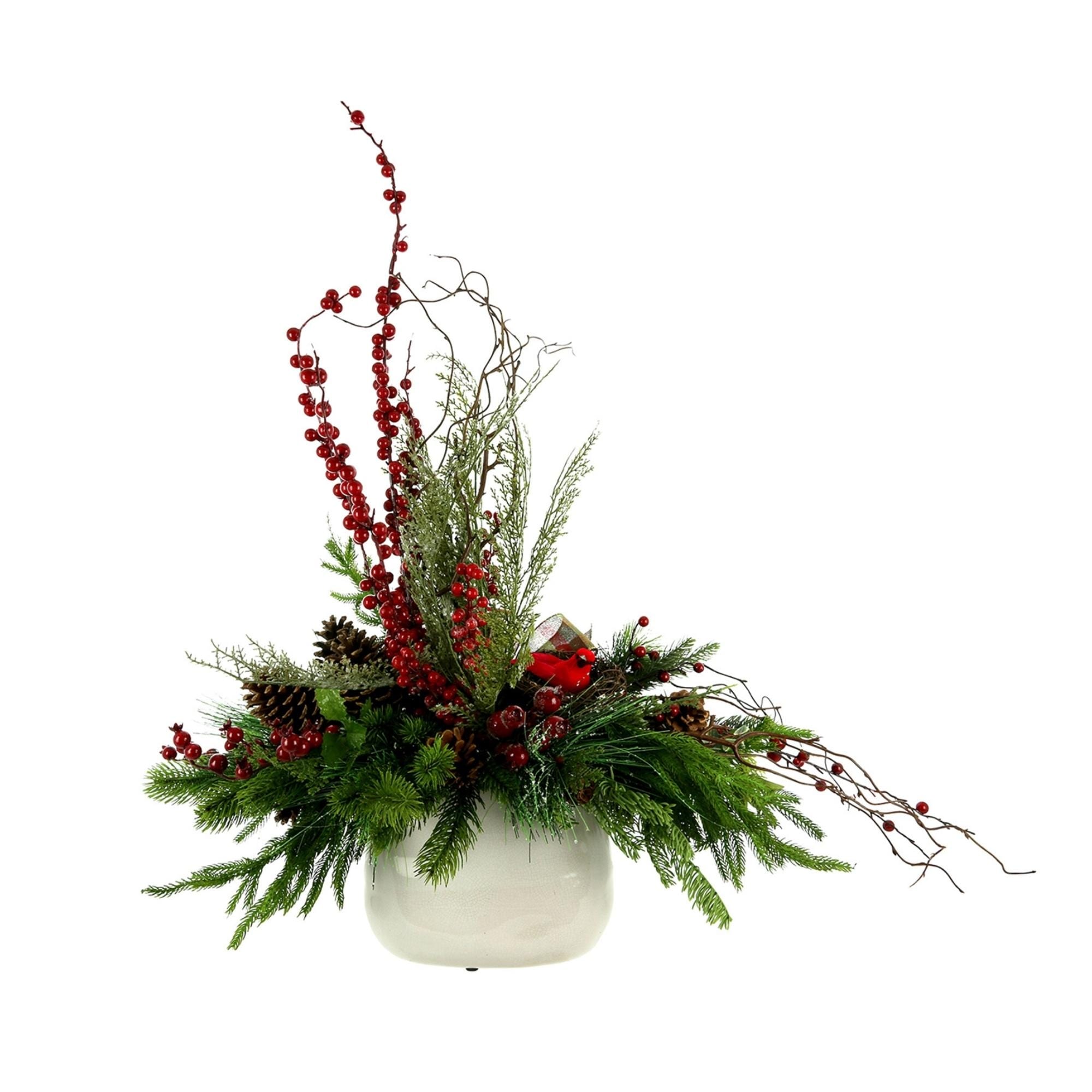 Pine and Berry Holiday Arrangement with Bird Nest in Ceramic Pot - Red, Green, White - 33Hx31Wx18D