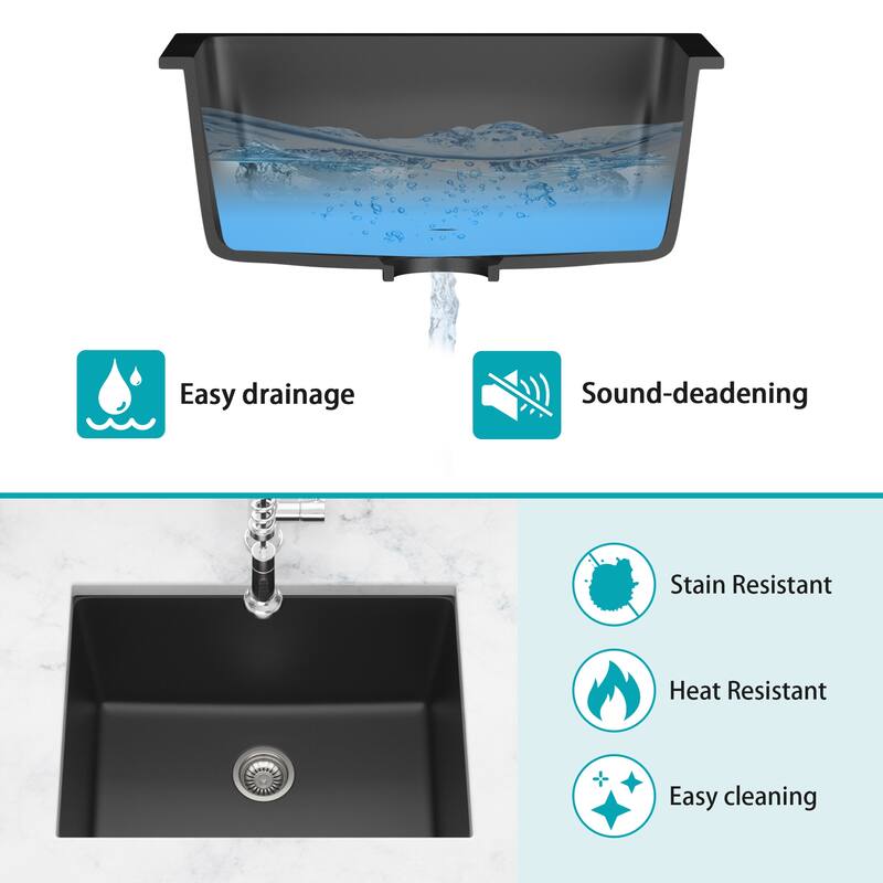 24" Undermount Single Bowl Quartz Kitchen Sink in Black - 24'' x 18'' x 12''