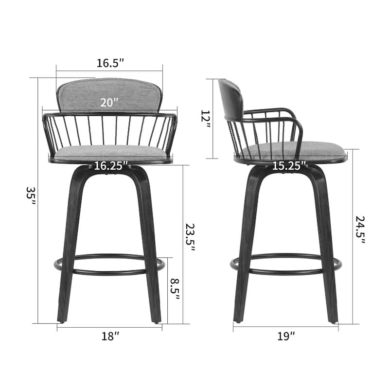 Set of 2 Baker Gray Fabric Counter Stool with Black Iron Back and Wood Legs