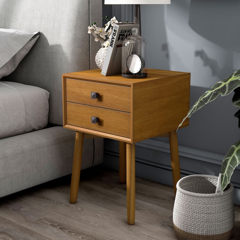 DH BASIC Mid-Century Modern Wood 2-Drawer Compact Nightstand Side Table by Denhour