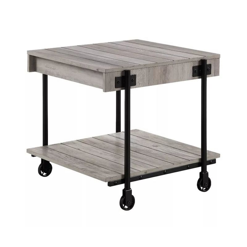 Loak 24 Inch Side End Table, Plank Design, Caster Wheels, Brown, Black