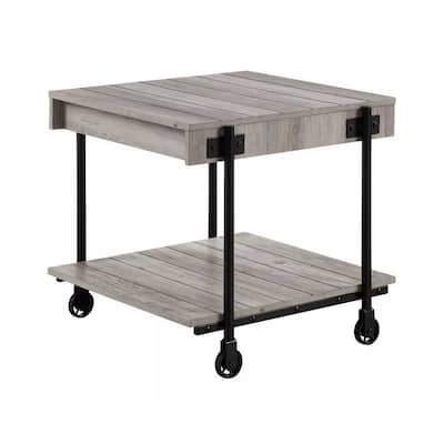 Loak 24 Inch Side End Table, Plank Design, Caster Wheels, Brown, Black
