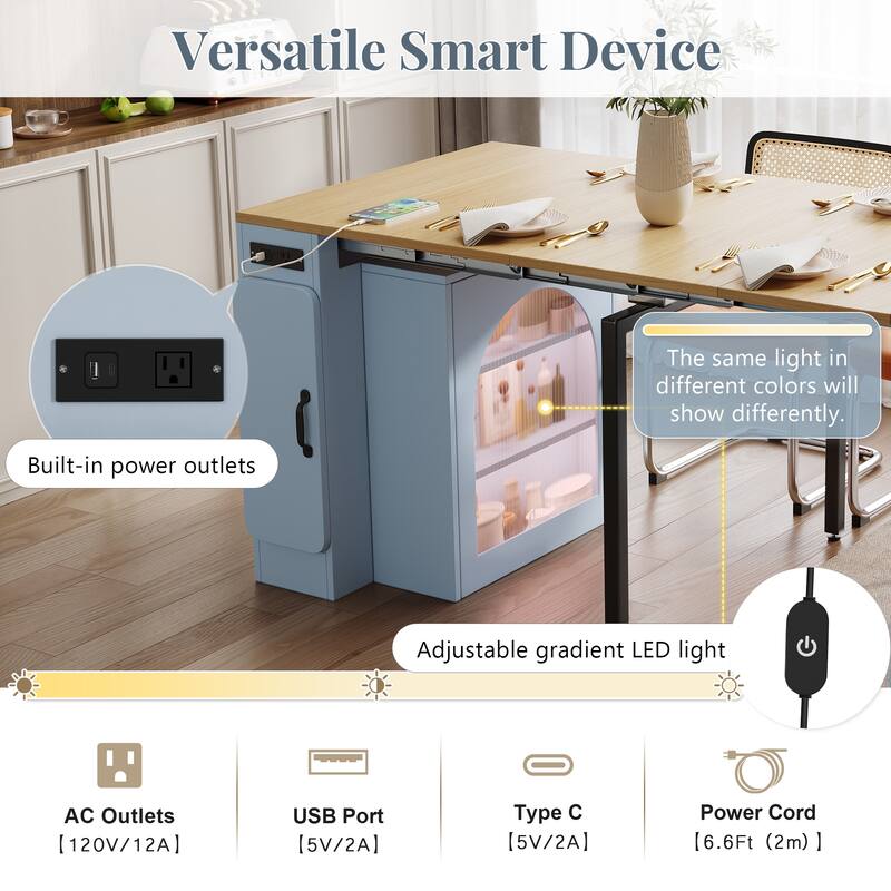 Extendable Dining Table with 3 Removable Middle Leaves,Mobile Rolling Table with Power Outlet,Saving-space Cabinet with Storage