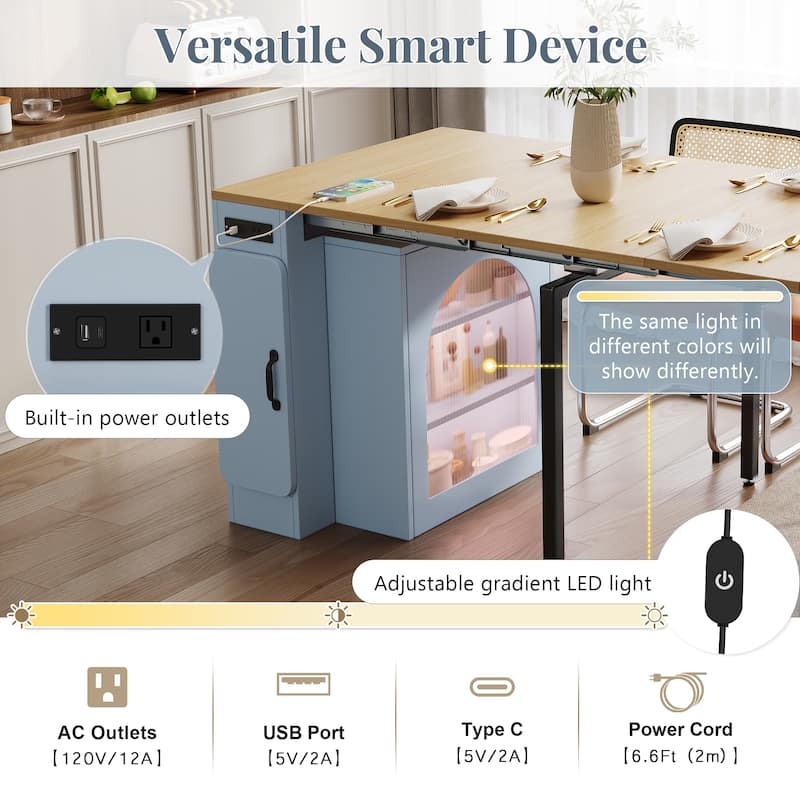 Extendable Kitchen Island Table with 3 Removable Leaves, Power Outlet & Storage Cabinet