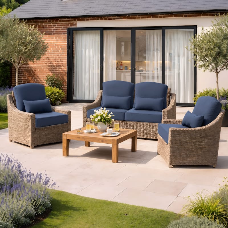 Outdoor Seat Cushion Set 24 x 24 Inch Patio Furniture Cushions Deep Seat & Back Cushion with Pillow for Chair Sofa - 4PC - Navy Blue