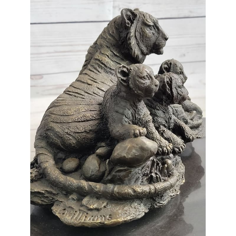 Tiger Family Cubs Asian Wildlife Bronze Sculpture Statue Figure Signed Art Marble Base