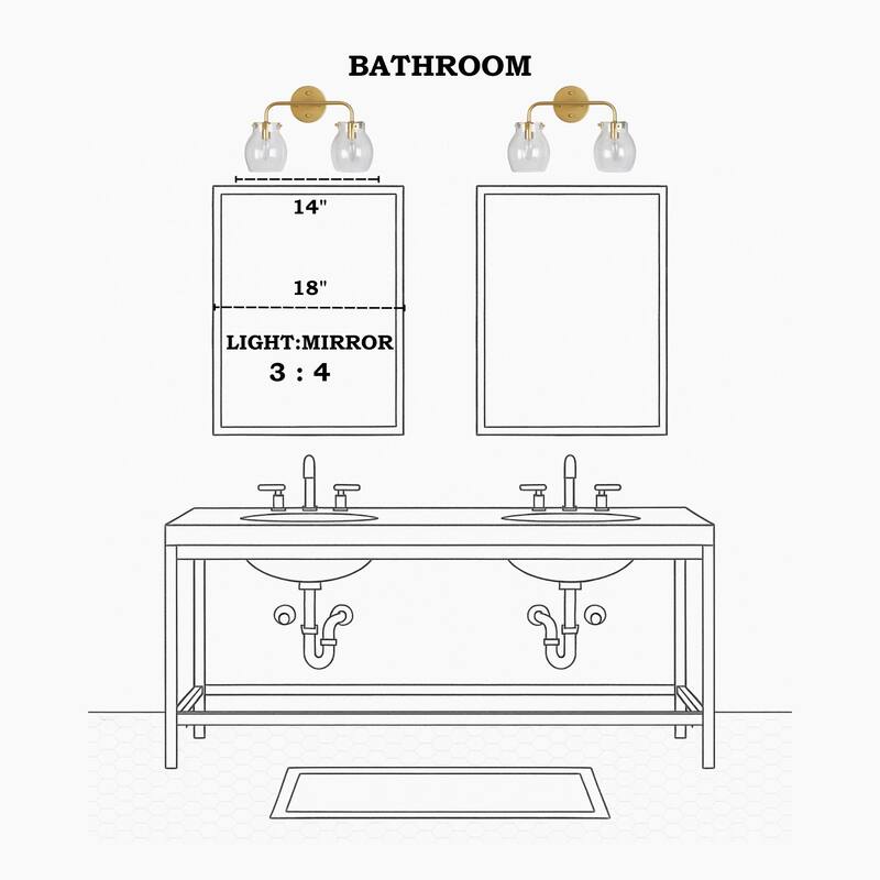 Modern 2-Light Gold Bathroom Vanity Lights Globe Wall Lighting with Seeded Glass - 14" L x 7" W x 10" H