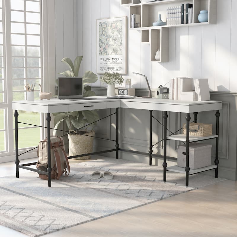 Haley Farmhouse 59-inch Metal L-Shaped Computer Desk with USBs by Furniture of America - Antique White