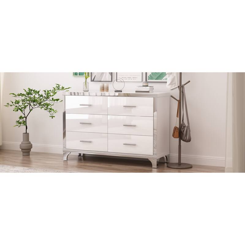 Elegant High Gloss Dresser with Metal Handle,Mirrored Storage Cabinet with 6 Drawers for Bedroom