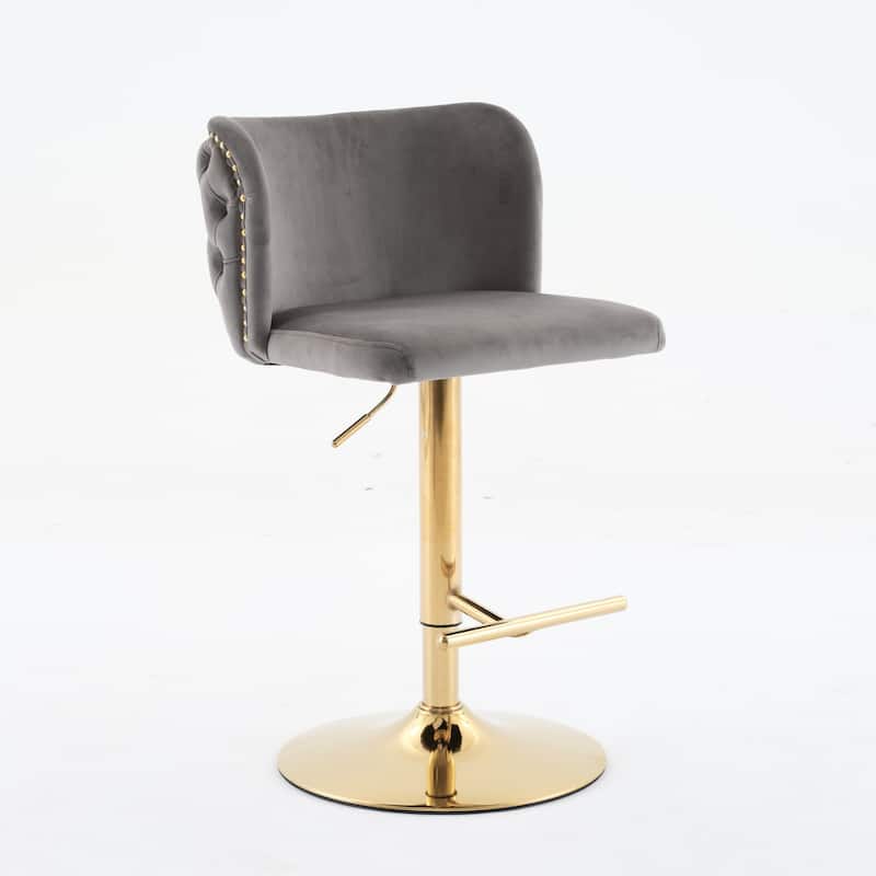 Swivel Barstools Adjusatble Seat Height With Gold-plating Base, Upholstered Bar Stools with the whole Back Tufted, Set of 2