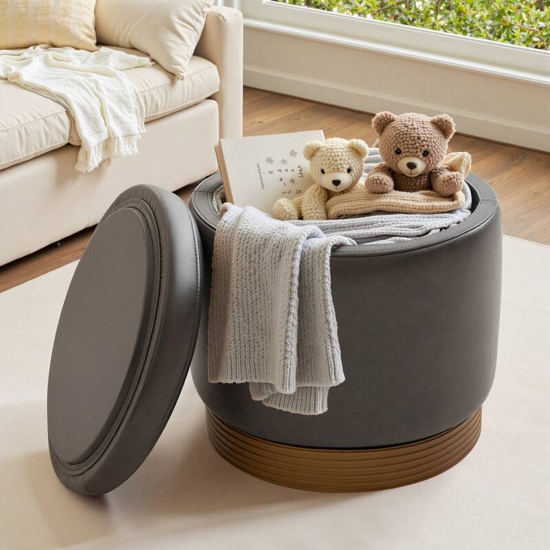 Round Swivel Storage Ottoman Footstool with Flip-top and Acacia Frame