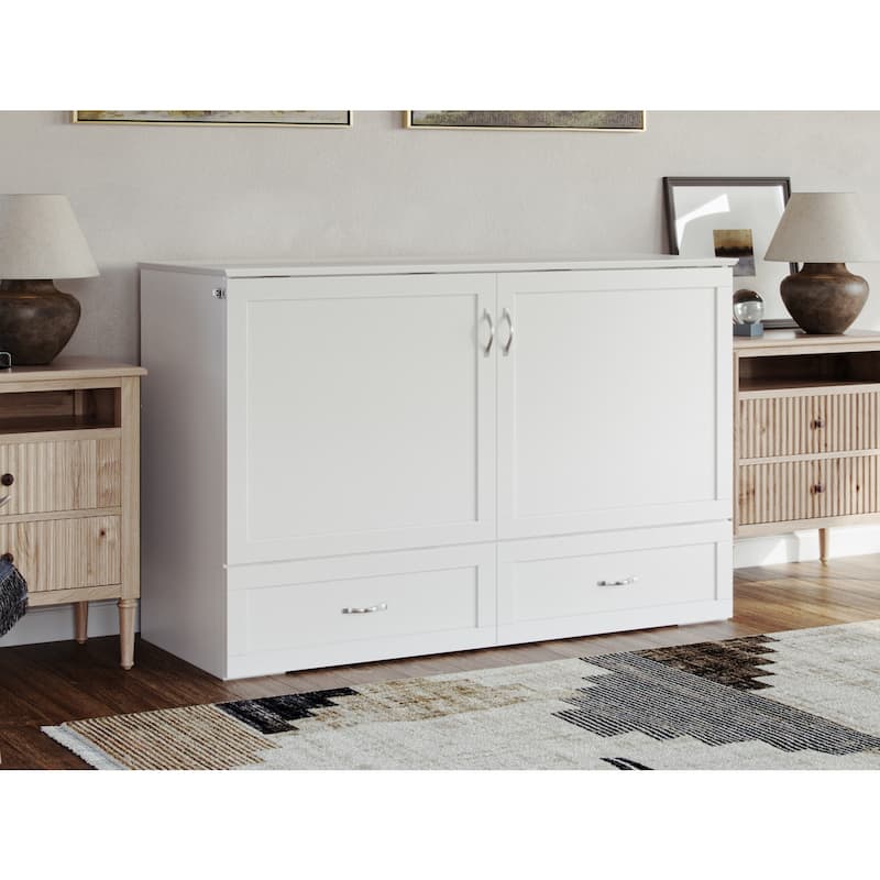 Murphy Bed Chest Solid Wood Queen Size with Mattress USB Charging Station White Finish Home Furniture