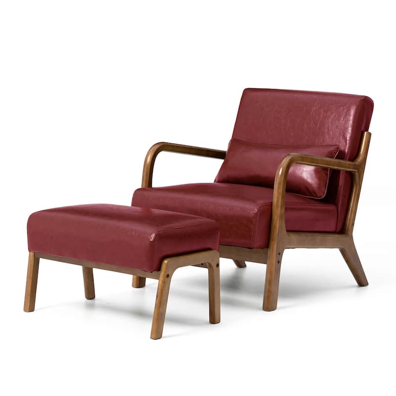 Glitzhome 30.75"H Mid-Century PU Leather Armchair with Ottoman Set