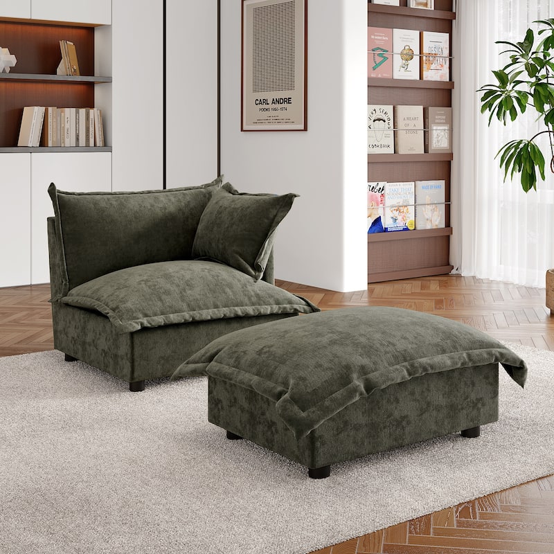 Double Layer Cushion Comfy Cloud Modular Sectional Sofa Set - Corner Sofa+Ottoman-Grey Green - Right Facing