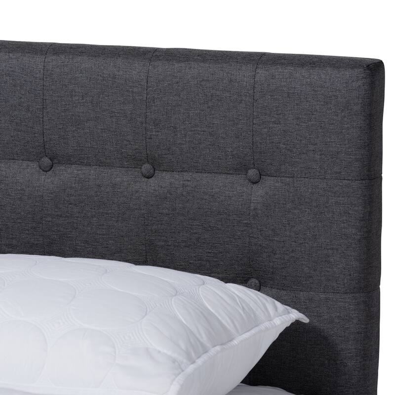 Dark Grey Fabric Upholstered Walnut Brown King Size Platform Bed with Mid-Century Modern Design