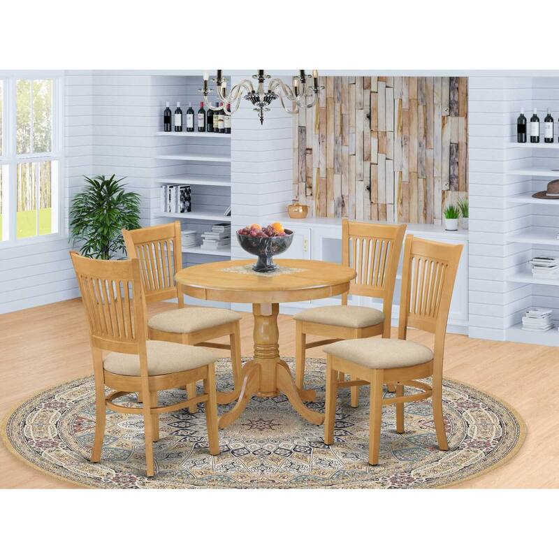 HomeStock 5-Pc Round Natural Oak Finish Solid Wood Top Dining table with 4 Chairs