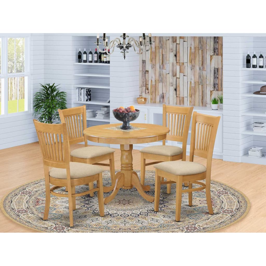 HomeStock 5-Pc Round Natural Oak Finish Solid Wood Top Dining table with 4 Chairs