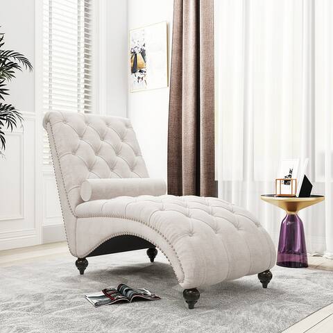 Linen Fabric Button Tufted Leisure Sofa Gourd Wood Leg Studio Chaise