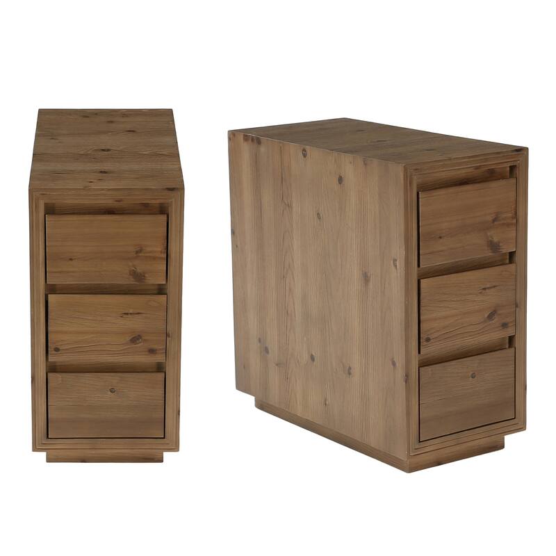 Solid Wood End Table with 3 Drawers, 23.62" H, No Assembly - 2 Packs - Brown