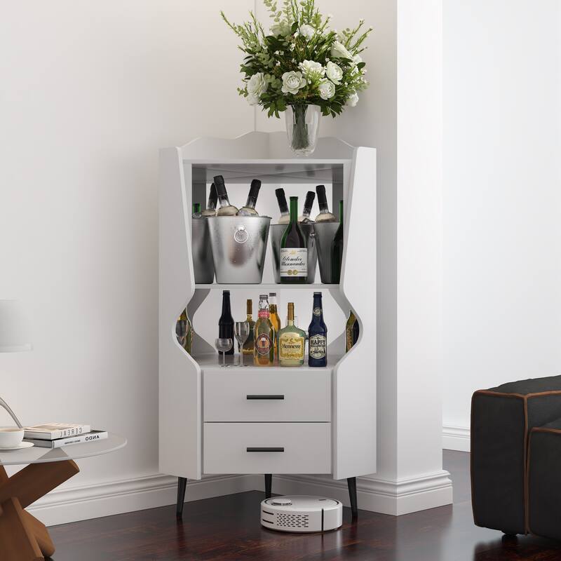 GDFStudio - Elowen Wood Corner Mirrored Back Sideboard with 2 Storage Shelves and 2 Drawers