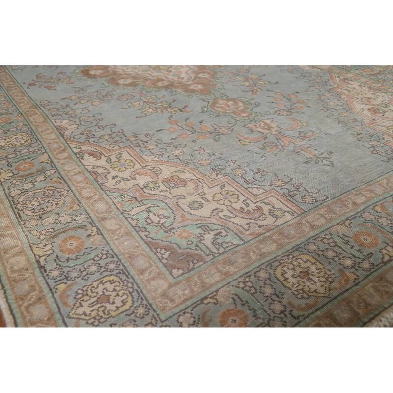 Hand Knotted Oriental 100% Wool Carpet Traditional Floral Navy Blue & Blues Tabriz Area Rug - 8' 11'' X 5' 8''