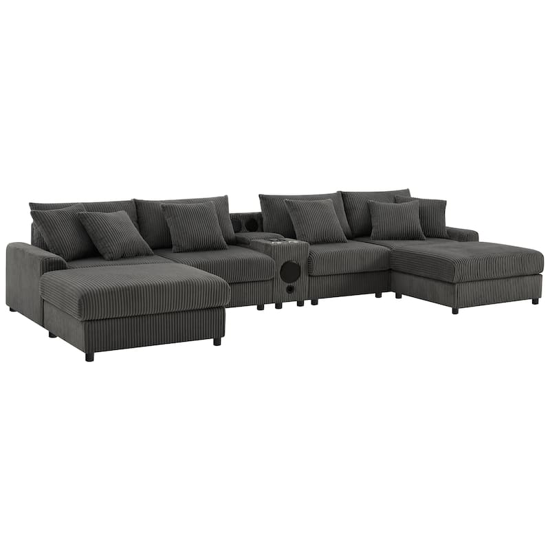 U-Shaped Cloud Corduroy Sectional Sofa with Console, Cup Holders, Bluetooth Speakers, Charging, Storage Ottoman, Deep Seats Sofa