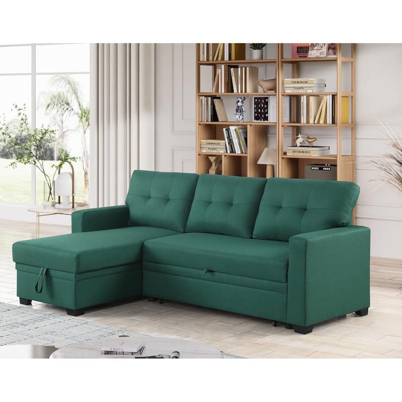 Pull-out Upholstered Sectional Sofa with Storage Chaise & Removable Cushions - Green
