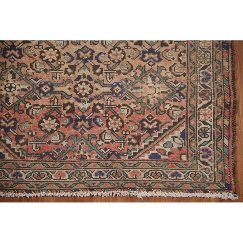Hand Knotted Oriental 100% Wool Carpet Traditional Geometric Peach Hamedan Runner Rug - 11' 3'' X 3' 6''