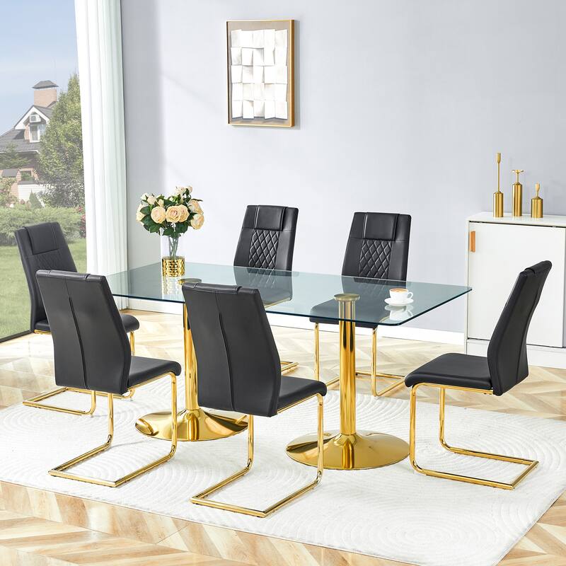 Rectangular Dining Table Set for 6-8 People, Modern Glass Table with Faux Leather Chairs