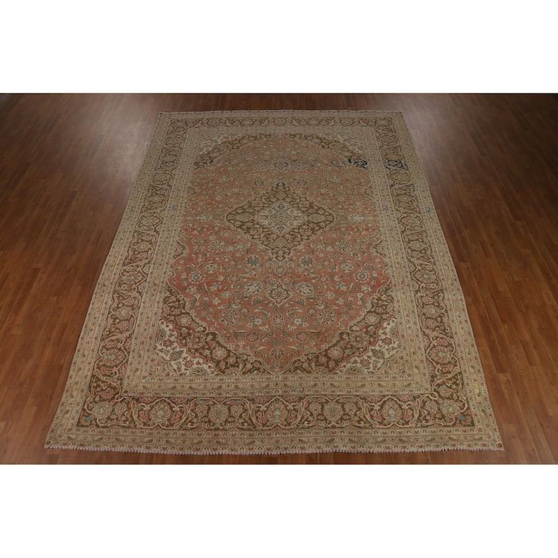 Traditional Mashad Persian Vintage Rug Handmade Orange Wool Carpet - 9'6" x 12'9"