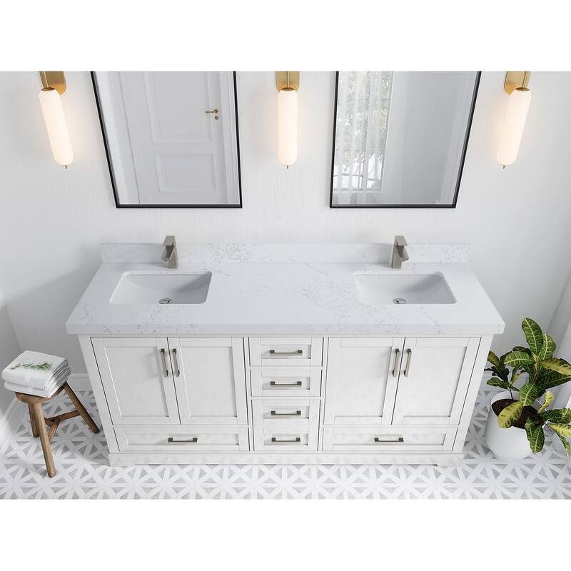 Willow Collection 72 in W x 22 in D x 36 in H Boston Double Bowl Sink Bathroom Vanity with Countertop - 2"Empira White - White