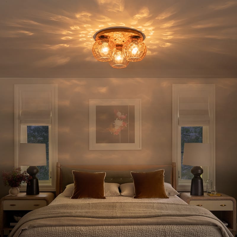 3-Light Rustic Wood Flush Mount Ceiling Light with Textured Amber Glass Shades - Dia.16.54-in