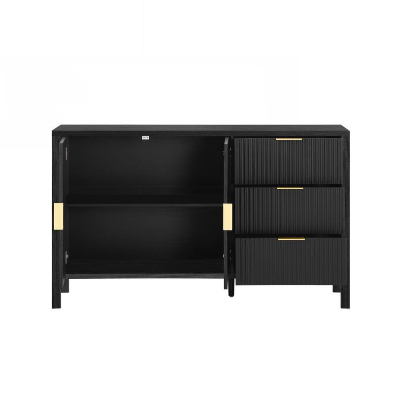 Modern Wave-Pattern Sideboard with 3 Drawers, Large Storage Buffet Cabinet with Hooks and Extra Center Leg