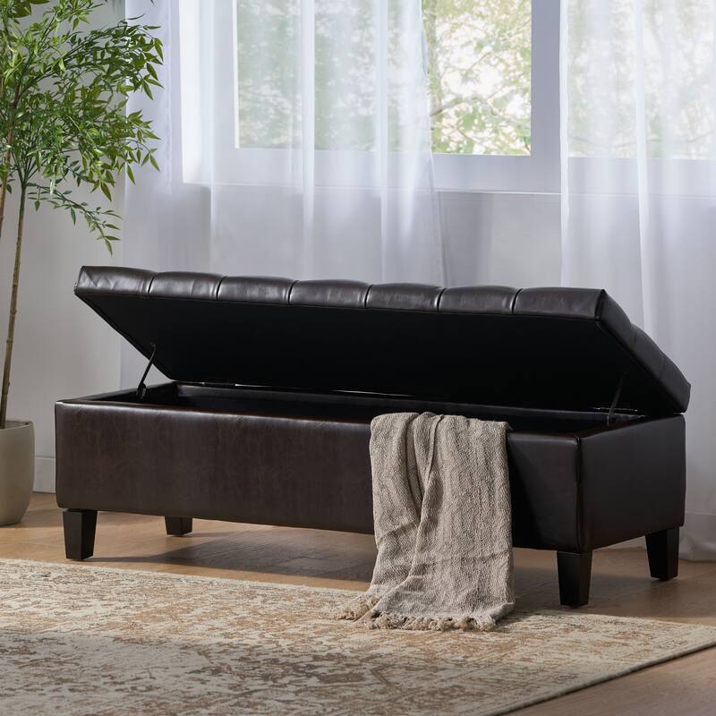 Brown PU Leather Storage Ottoman Bench - Contemporary Style, Large Storage Space