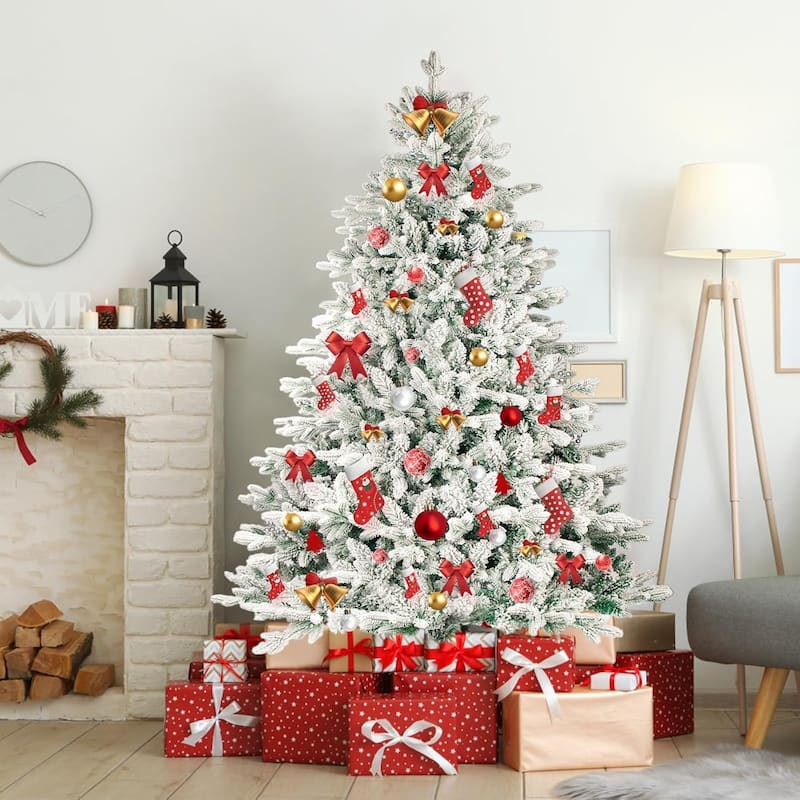 6ft-7ft Artificial Snow Flocked Christmas Tree with Metal Stable Stand Base for Indoor and Outdoor Holiday Decoration