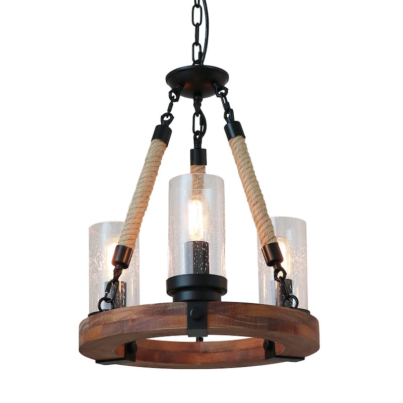 Anmytek Modern Farmhouse 3-Light Wooden Wagon Wheel Chandelier Cylinder Glass Pendant Lights for Dining Room - 16" D x 21.5" H