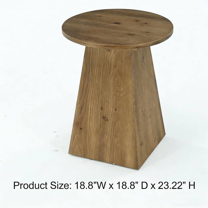 Solid Wood End Table for Living Room, 19" Round Side Table with Trapezoid Base - 18.8" D × 18.8" W × 23.22" H