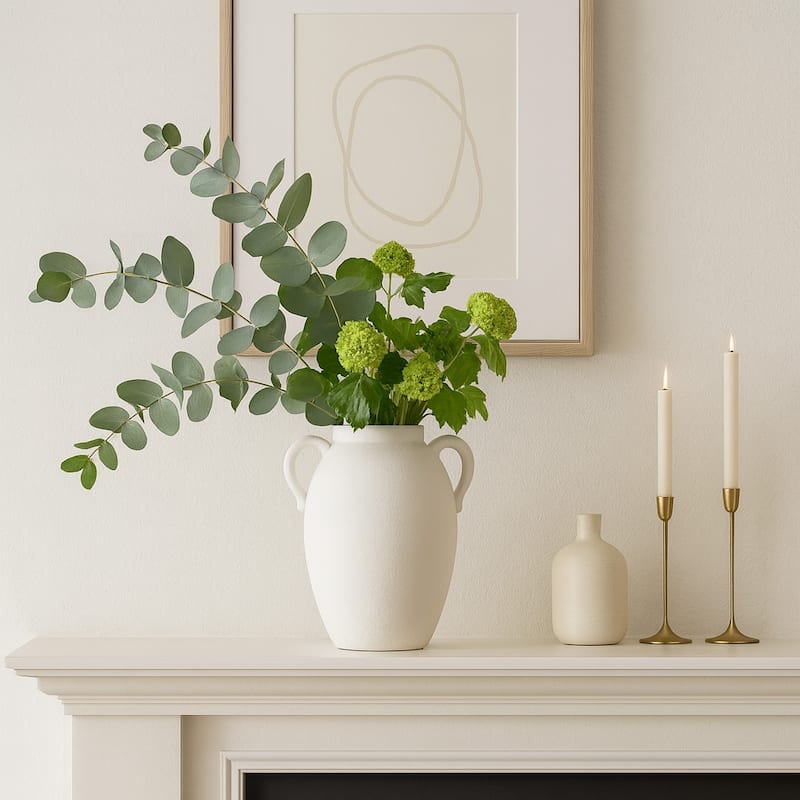 Neutral Ceramic Textured Amphora Jug with Handles Vase - White