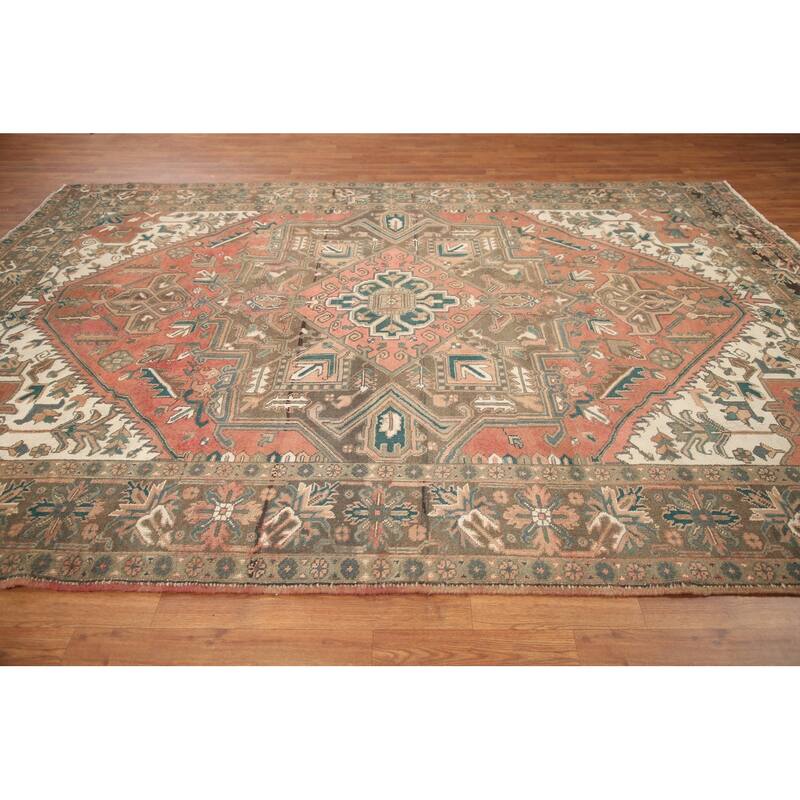 Hand Knotted Oriental 100% Wool Carpet Traditional Medallion Coral Heriz Area Rug - 10' 6'' X 7' 6''