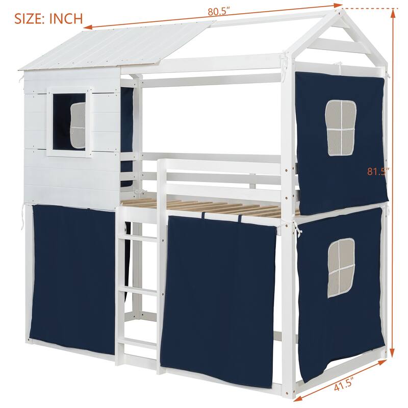 Roomfitters Twin Over Twin House Bunk Bed with Tent and Window, Playhouse Design