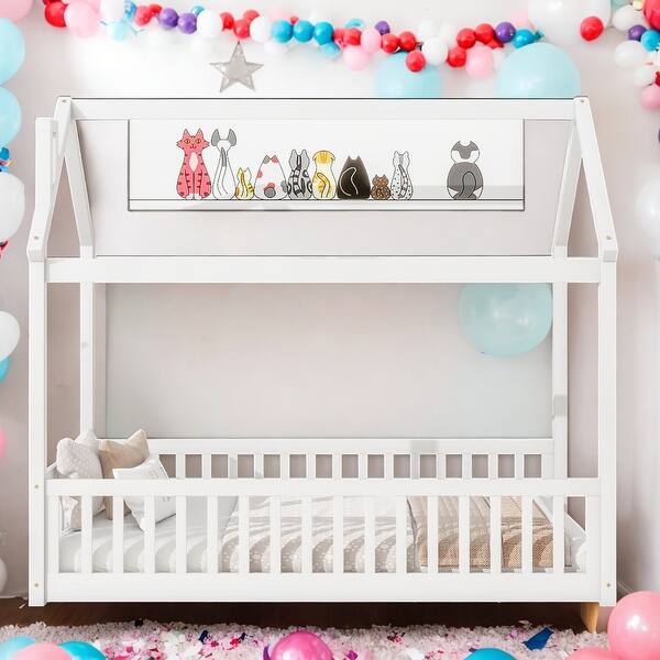 slide 2 of 39, Kids and Baby Twin Size House Bed Platform Bed with Guardrails and Slats White