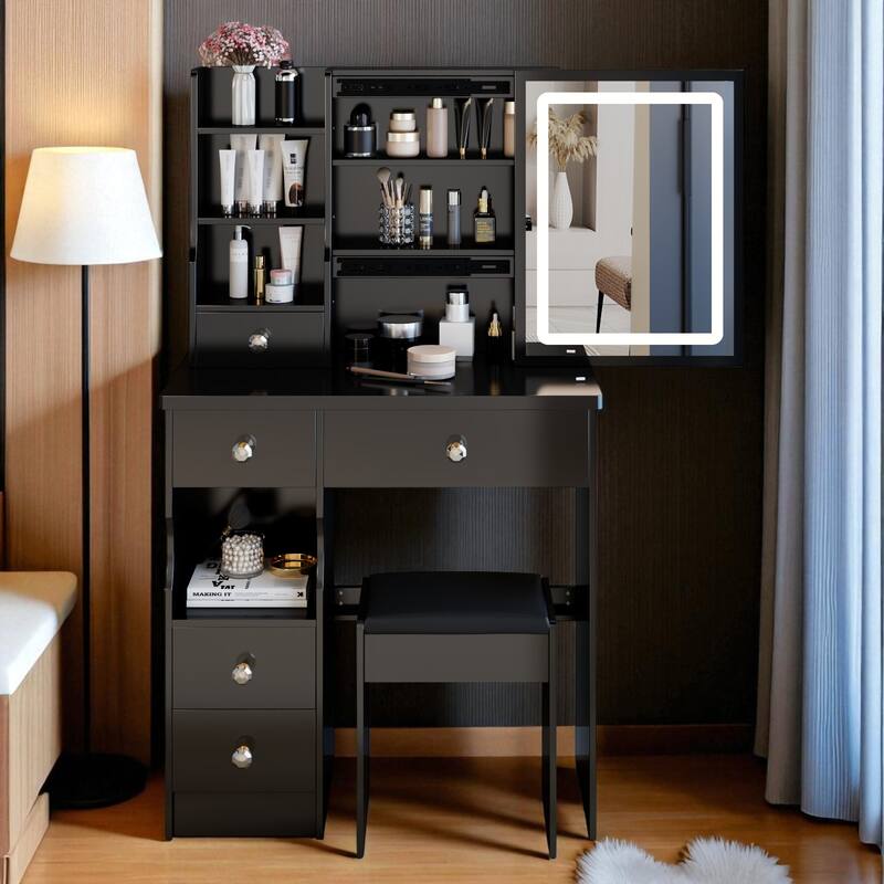 Small Vanity Desk with LED Mirror and Stool, 29.2" Dressing Table with Drawer and Adjustable Lighting