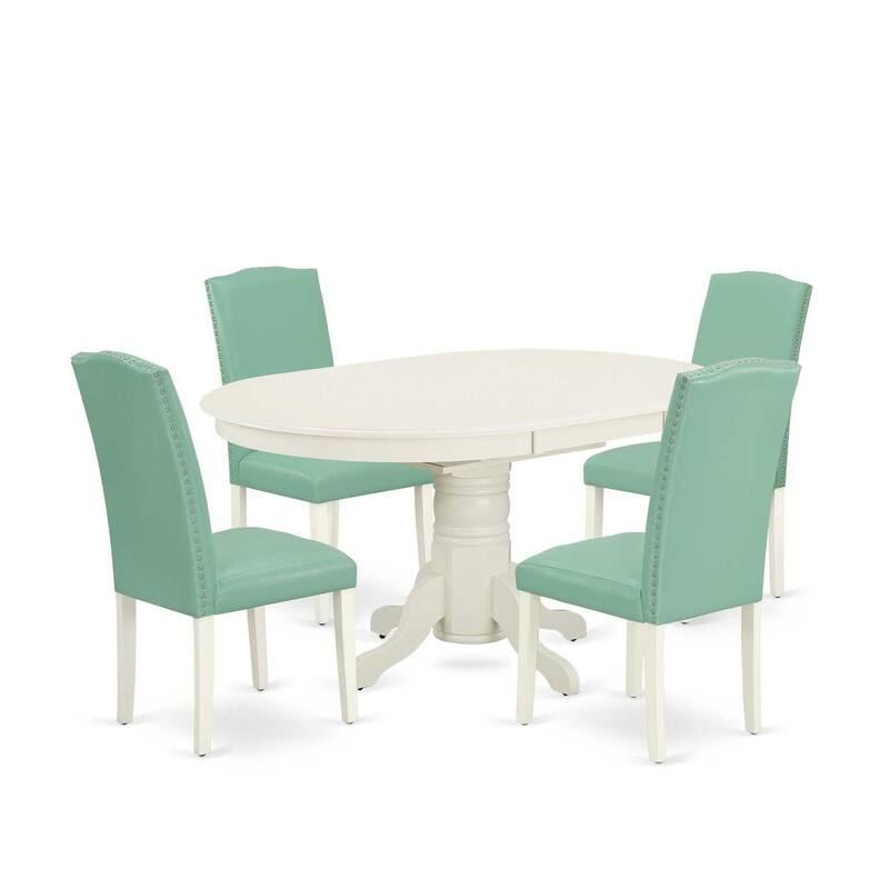 HomeStock 5-Pc Oval Linen White Finish Solid Wood Top Dining Table with 4 Parson Chair with Butterfly Leaf