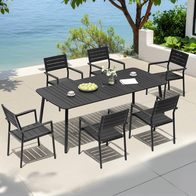 7-piece Patio Dining Set Outdoor Aluminum Rectangular Table with Umbrella Hole and Stackable Chairs - Black