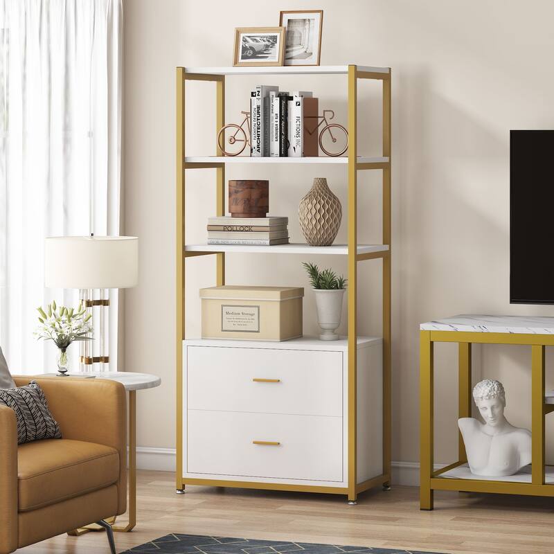 4-Tier Rustic Bookcases with 2 Drawers, Etagere Standard Book Shelves Display Shelf for Home Office