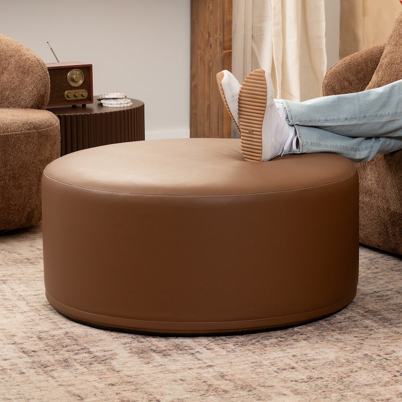 Jaxx Candler Round Couch Ottoman Large Coffee Table & Foot Rest - 36 Inch - Vegan Leather Walnut